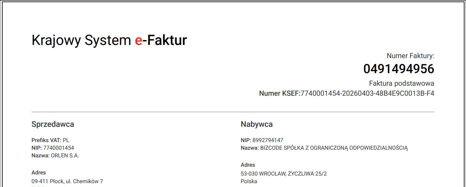Przykład nagłówka wizualizacji faktury KSeF z numerem faktury i numerem KSeF