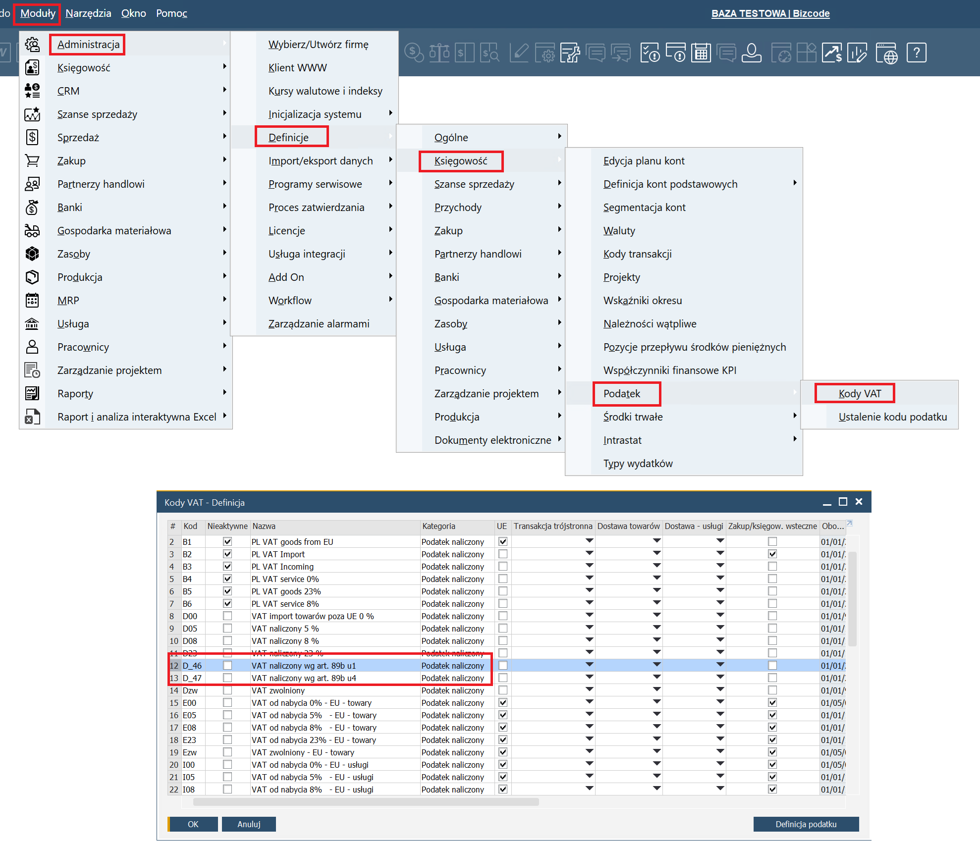 SAP Business One - definicja kodów VAT dla ulgi na złe długi: ścieżka Moduły → Administracja → Definicje → Księgowość → Podatek → Kody VAT oraz okno definicji z zaznaczonymi kodami korygującymi VAT na podstawie art. 89b ust. 1 i ust. 4