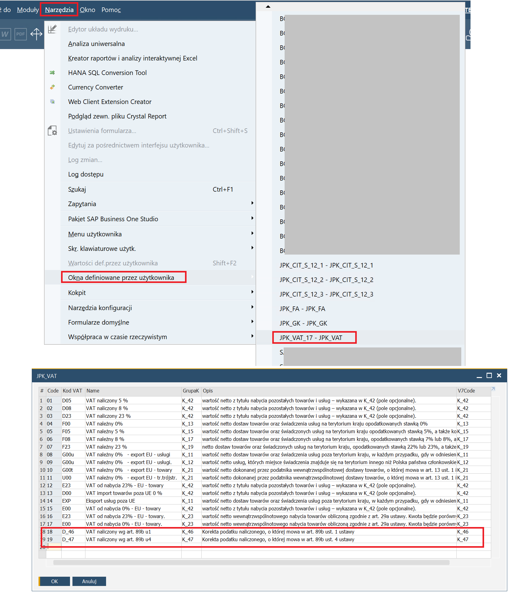 SAP Business One - mapowanie kodów VAT do JPK_VAT: ścieżka Narzędzia → Okna definiowane przez użytkownika → JPK_VAT_17 oraz okno z pozycjami JPK i zaznaczonymi pozycjami korekty podatku naliczonego dla pól K_46 i K_47