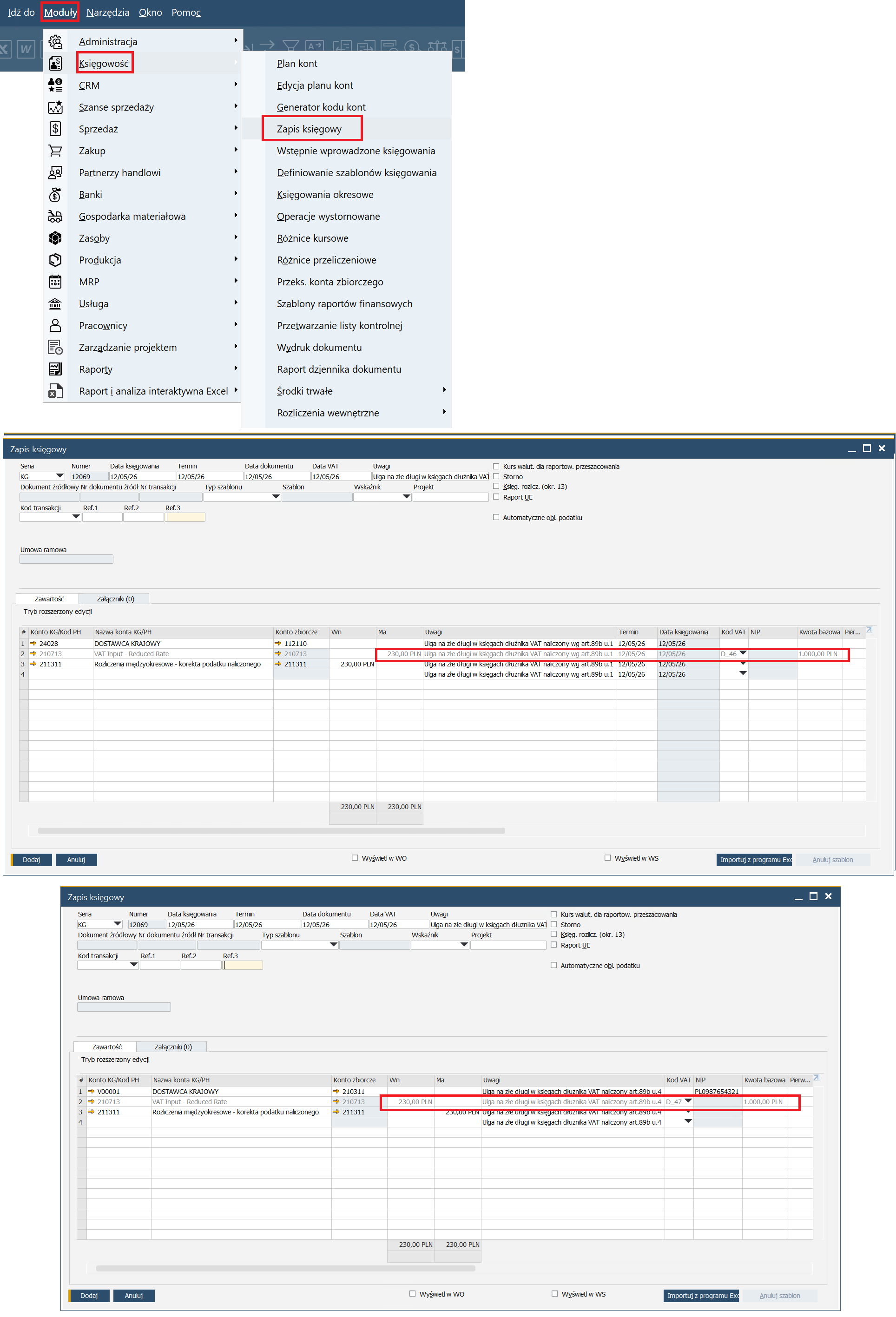 SAP Business One - wprowadzenie zapisu księgowego korygującego VAT dla ulgi na złe długi: ścieżka Moduły → Księgowość → Zapis księgowy oraz okno zapisu z opisem operacji i kodem VAT dla art. 89b