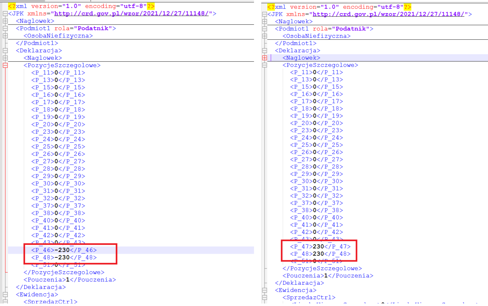 Plik JPK_VAT w formacie XML - pozycje szczegółowe deklaracji z zaznaczonymi polami P_46 i P_47, odpowiadającymi korekcie podatku naliczonego po stronie dłużnika