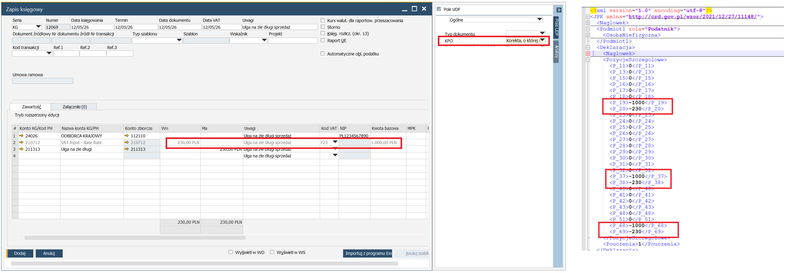 SAP Business One - kompletny obraz operacji: zapis księgowy korygujący VAT obok pliku JPK_VAT XML, w którym widoczne są pola P_46 i P_47 z korektami po stronie dłużnika